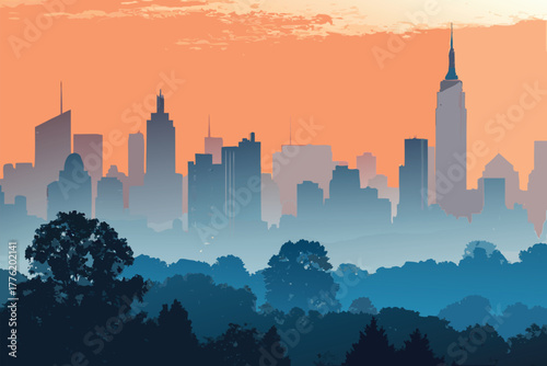 City skyline obscured by pollution, flat illustration.