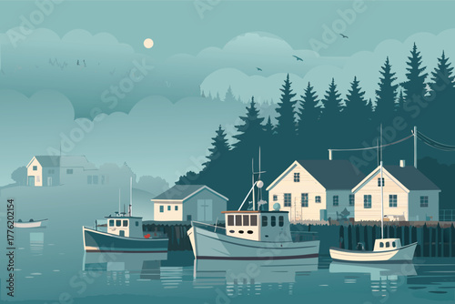 -fishing-village-at-dawn-with-fog-and-boats--flat-.eps