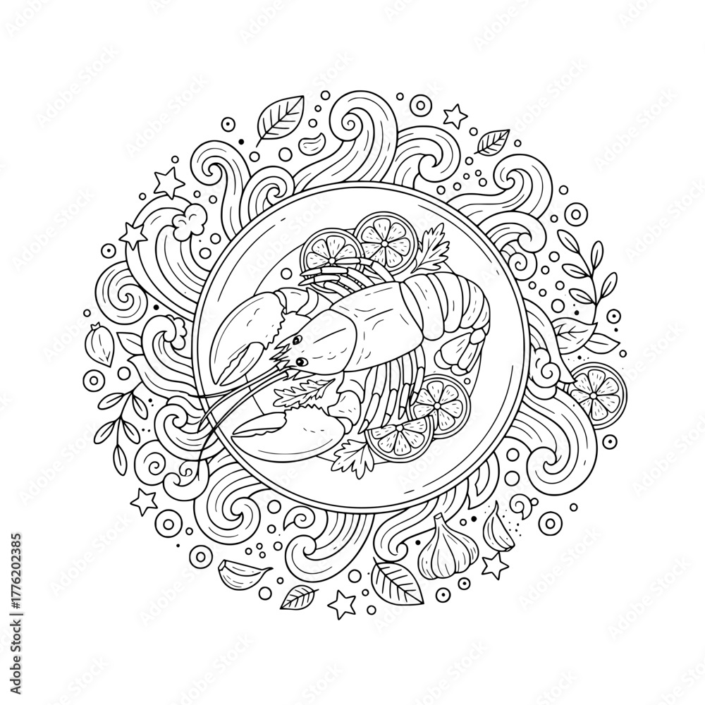 Fototapeta premium Ornate Lobster Plate – Detailed Seafood Line Art with Lemon and Herbs, Ocean Swirl Frame, Adult Coloring Page