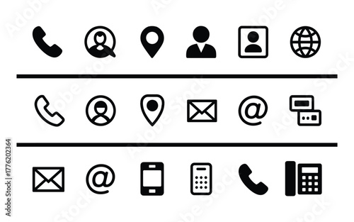 Collection of contact icons including phone, person, location, email, internet, and business card