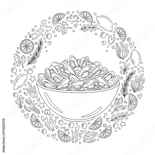 Mussels in Bowl – Seafood Line Art with Lemon, Seaweed and Herbs, Coloring Page Illustration