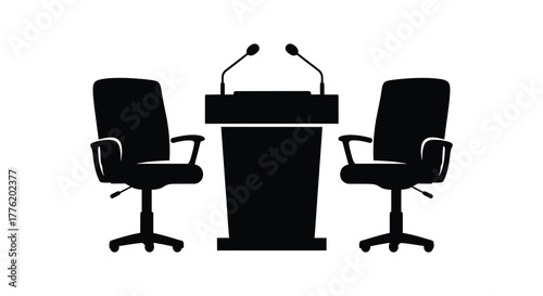 Silhouette of a podium with two microphones and two empty chairs on either side representing debate or public speaking