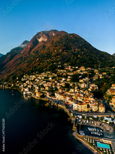 Fotomural Aerial view of Argegno village on the shore of Lake Como at sunrise, Lombardy, I