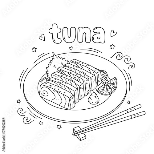 Tuna Sashimi Line Art – Cute Tuna Slices with Lemon, Wasabi and Chopsticks, Coloring Page Illustration