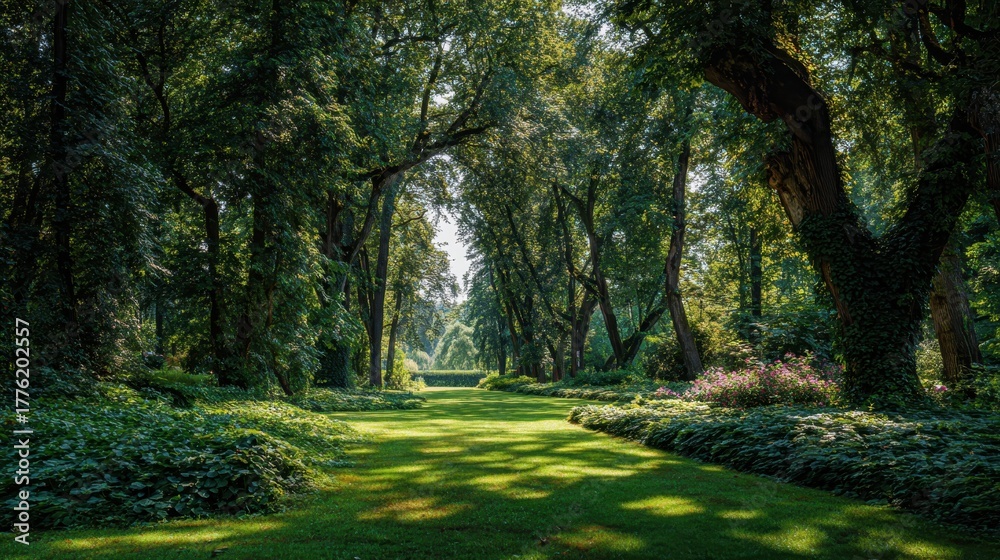 Obraz premium Lush green park path dappled with sunlight, creating natural shadows and offering a serene walking trail through towering trees and dense undergrowth on a summer day