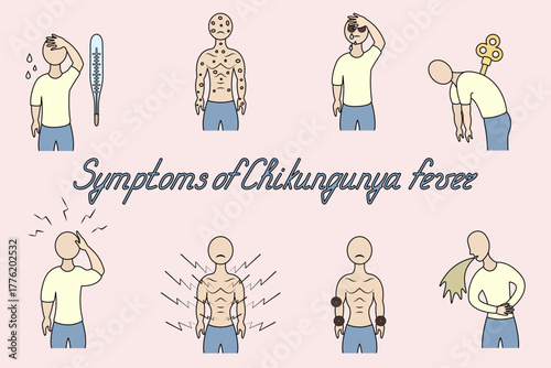 Fever symptoms. Italic text. Illustration. Pink background. 