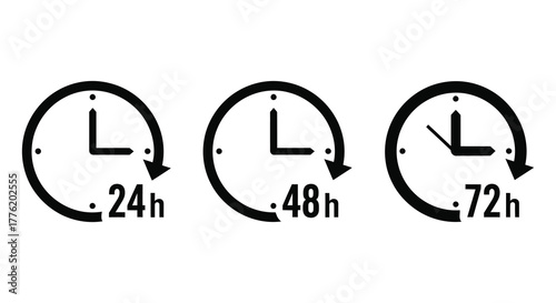 Three stylized clock icons representing 24 hours 48 hours and 72 hours time periods