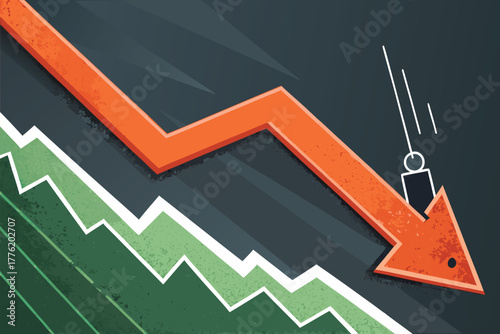 Enormous crimson arrow pierces downward, shattering iconic landmark buildings, symbolizing economic collapse, financial ruin, and business destruction.