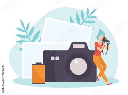 Woman Photographer with Camera Take Photo Vector Illustration
