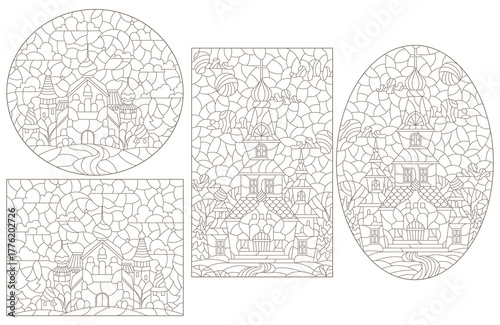 A set of contour illustrations in the style of a stained glass window with an ancient castle and landscape, dark outlines on a white background