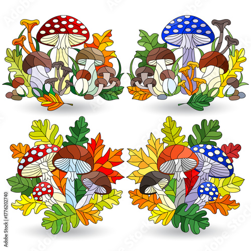 A set of stained glass illustrations with a mushroom composition, isolated on a white background