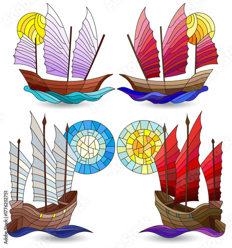 A set of stained glass illustrations with oriental ships, objects isolated on a white background