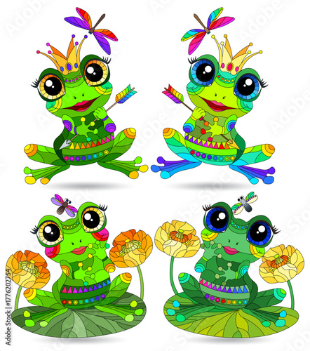 A set of illustrations with cute frogs, isolated animals on a white background