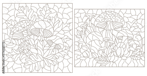 A set of contour illustrations in the style of stained glass with a mushroom composition, dark outlines on a white background