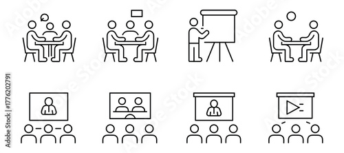 Set of icons depicting business meetings, presentations, and online conferences