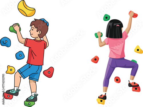 Two children climbing colorful indoor rock wall, active kids sport illustration showing teamwork, adventure, fitness, challenge, recreation, energy, fun, determination