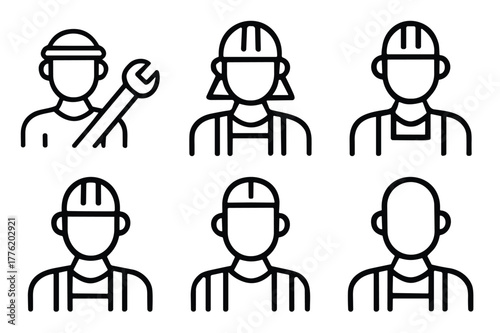 Group of six minimalist line art icons showcasing different types of workers in protective gear, including a mechanic with a wrench and construction personnel