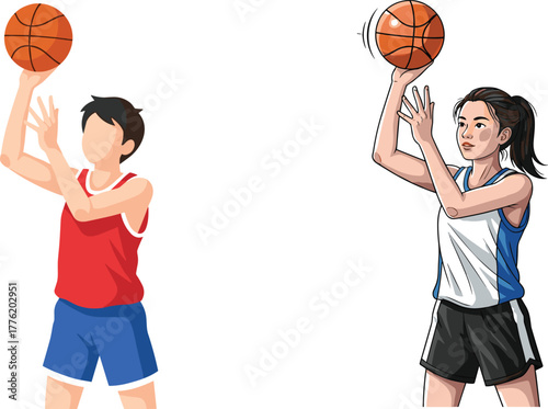 Two basketball players shooting ball in action, dynamic sports illustration showing athletic motion, teamwork, competition, training and professional game concept