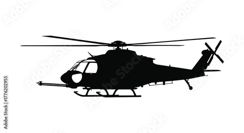 Silhouette of a military attack helicopter with rotor blades and tail rotor against a white background