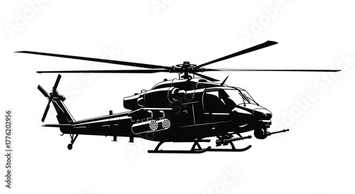 Modern military helicopter in flight with blades spinning and detailed exterior