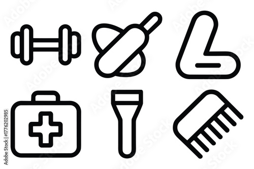 Assortment of fitness and medical items including a dumbbell, bandage, crutch, first aid kit, flashlight, and comb