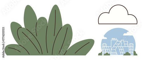 Green foliage beside a stylized mall with geometric architecture and a cloud overhead. Ideal for nature, urban design, retail, shopping, eco-friendly concepts, landscaping, cityscape. Simple flat