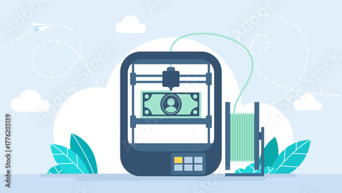 Cartoon color 3d Printer printed sculpture makes banknote. 3D printing technology using artificial intelligence. Innovation technology and software. A 3D printer prints money. Vector illustration
