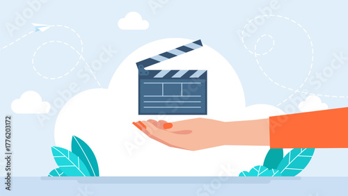 Filmmaking clapperboard. Take. Woman hand with clapperboard flat style, isolated on white background. Decorative design element, video production, filming, media industry. Vector illustration