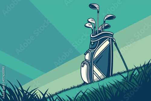 A flat, bold, graphic illustration of a golf club set within a bag, standing upright on green grass.