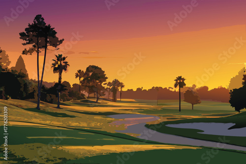 Serene golf course at sunset, long shadows stretch across manicured fairways, golden hour, tranquil, picturesque.