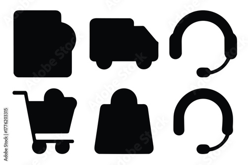 Set of six black ecommerce and customer service icons including a shopping bag, delivery van, headset, and shopping cart