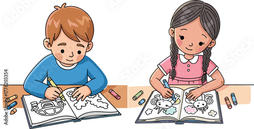 Two children sitting at table coloring books with crayons, boy in blue shirt and girl in pink dress creative illustration