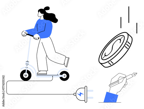Woman on electric scooter connected to charging plug. Flying coin and hand writing symbolize savings, mobility, and innovation. Ideal for mobility, technology, energy, savings, creativity