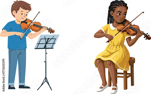 Two musicians practicing violins together indoors, one standing with sheet music and one seated in yellow dress, focused performance illustration