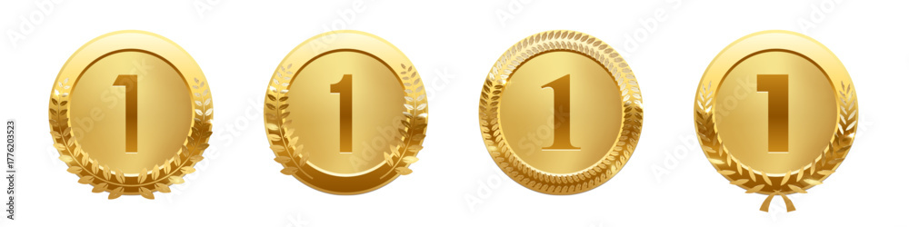 Fototapeta premium Set of gold first place medals with number 1 and laurel wreaths. Shiny golden badges for top ranking, winner award, competition prize, or achievement certificate. Realistic vector illustration.