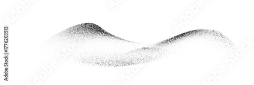 Grain dot wave background. Halftone mountain landscape. Abstract black and white dotted silhouette of hill range on white with soft gradient effect and stippling texture. Vector illustration.