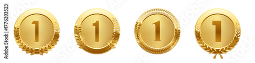 Set of gold first place medals with number 1 and laurel wreaths. Shiny golden badges for top ranking, winner award, competition prize, or achievement certificate. Realistic vector illustration.