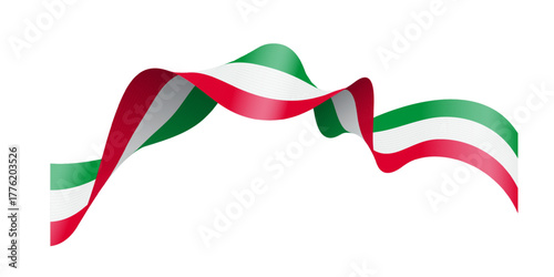 Italy ribbon wave in green, white, and red colors. Wavy tricolor banner symbolizing national flag with smooth curves and folds. Elegant patriotic decoration for events. Realistic vector illustration.