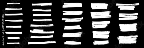 White highlight marker lines isolated on black background. Various marker pen strokes with different length and thickness hand drawn set. Realistic vector graphic modern design elements.