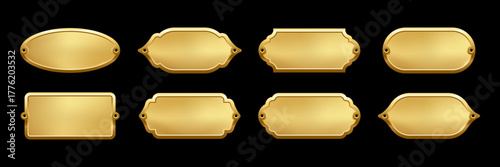 Blank golden metal nameplate plaques in various vintage shapes with decorative edges and screw holes. Metallic gold labels for engraving, signage, awards, door signs. Realistic vector illustration.