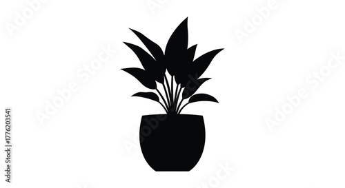 Silhouette of a lush green potted houseplant with pointed leaves against a white background
