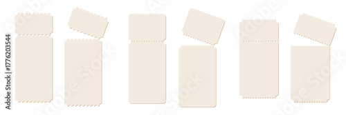 Blank white tear off tickets. Collection of narrow admission passes with perforated edges and detachable stubs. Minimal template for events, raffles, concerts. Realistic vector illustration.