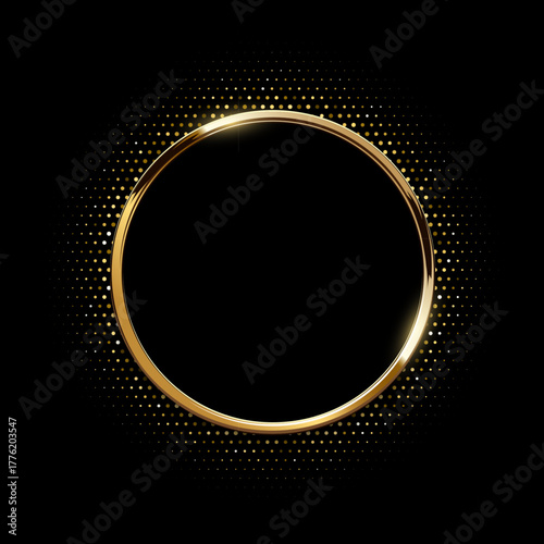Golden circle frame with dotted halftone light effect. Circular glowing metallic ring, button, stamp, emblem, sticker, label. Modern luxury abstract vector illustration.