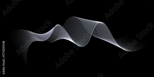 Silver waves background. White wave lines with glowing light effect on black background. Curved abstract stripes forming fluid motion and elegant movement. Dynamic modern vector design.
