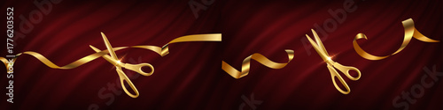 Ribbon gold scissors cut ceremony on red satin background. Golden clippers cutting tape symbolising grand opening celebration and new start. Luxury design for business event. Vector illustration.