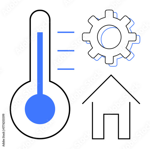 Thermometer with heat indicators, gear for automation, and house outline. Ideal for technology, energy efficiency, smart home, climate management, comfort innovation and connectivity. Simple flat