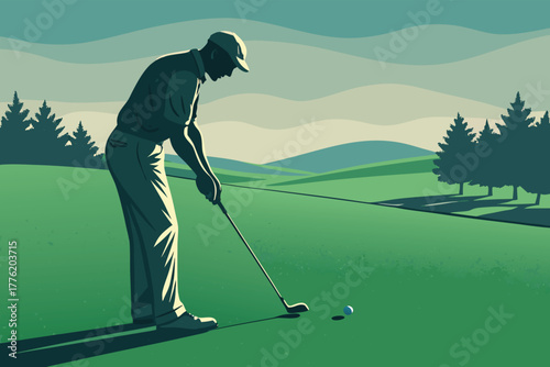 Focused golfer executing a precise putt on a pristine golf green, clubhead near the ball, concentration evident, serene atmosphere, sunshine.