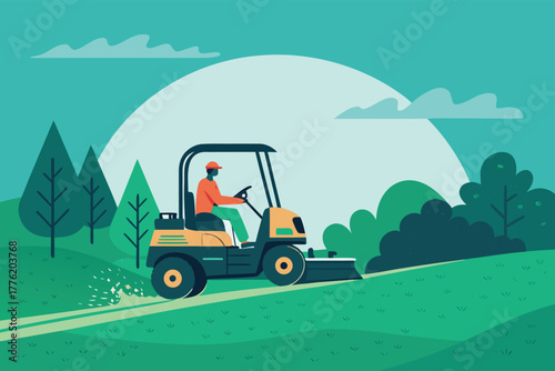 Golf course maintenance vehicle meticulously mowing a vibrant green, sunlight, precision cutting, manicured turf, professional equipment, early morning, dew drops, lush grass, serene setting.