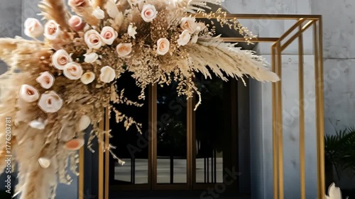 Modern wedding arch featuring pampas grass and roses. Preparing outdoor ceremony space with contemporary floral decorations