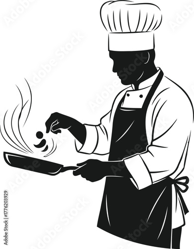 Chef cooking food in a frying pan isolated on white background.